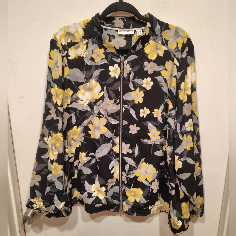 Susan Graver Black & Yellow Floral Chiffon Full Zip Bomber Jacket Sz 2X Casual